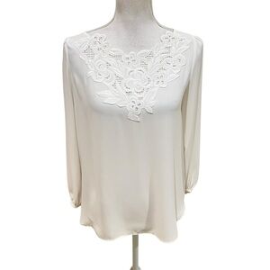 Ann Taylor ivory lace embellished yoke balloon long sleeve blouse medium petite